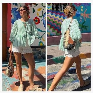 Women Puff Sleeve Peplum Shirts Bow Tie‎ Front Stripe Babydoll Blouse Lace Up